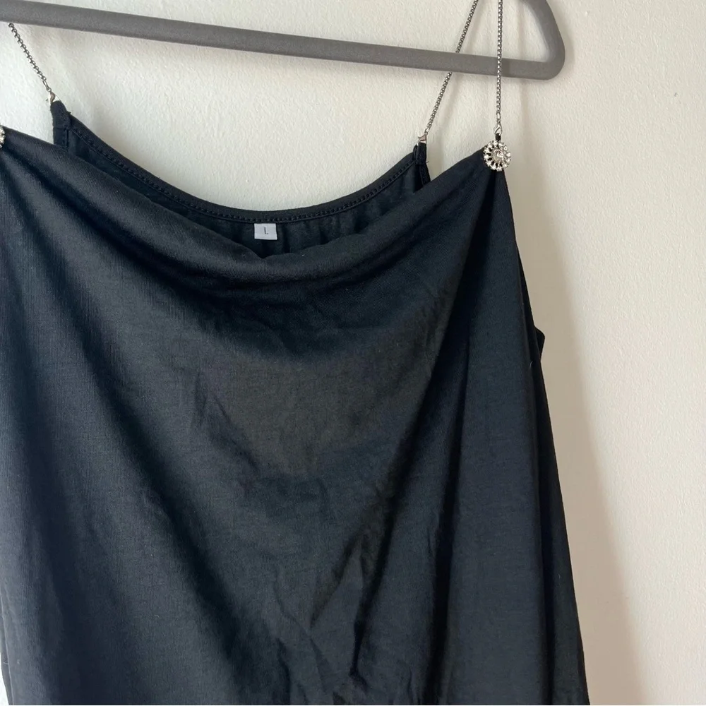 Black Slip Dress L – Rhinestone Chain Strap Midi Cocktail Evening Party Dress - Picture 4 of 7